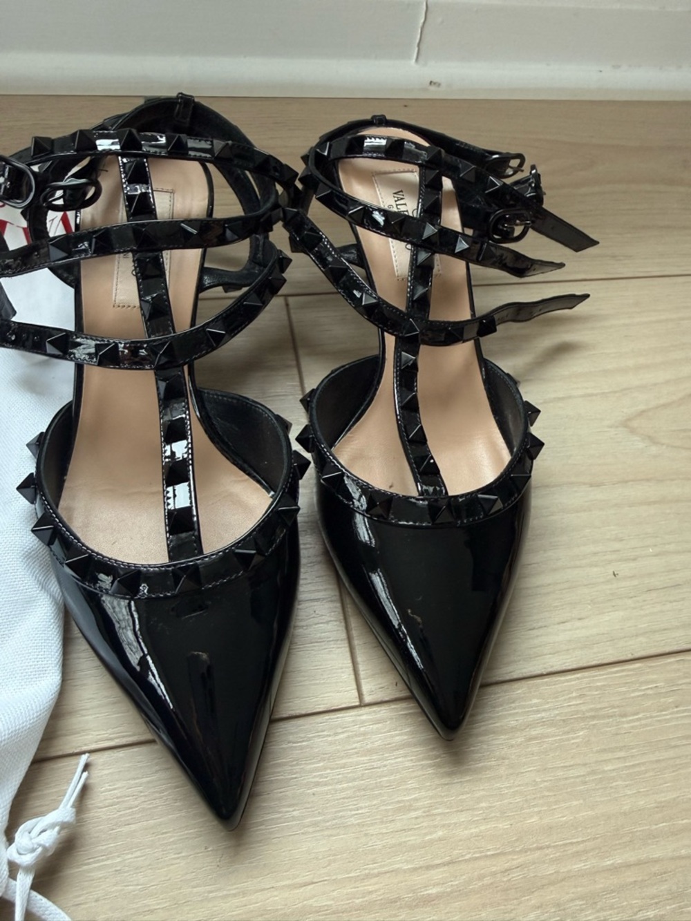 Valentino Garavani Black Patent Rockstud Strappy Pointed-Toe Heels